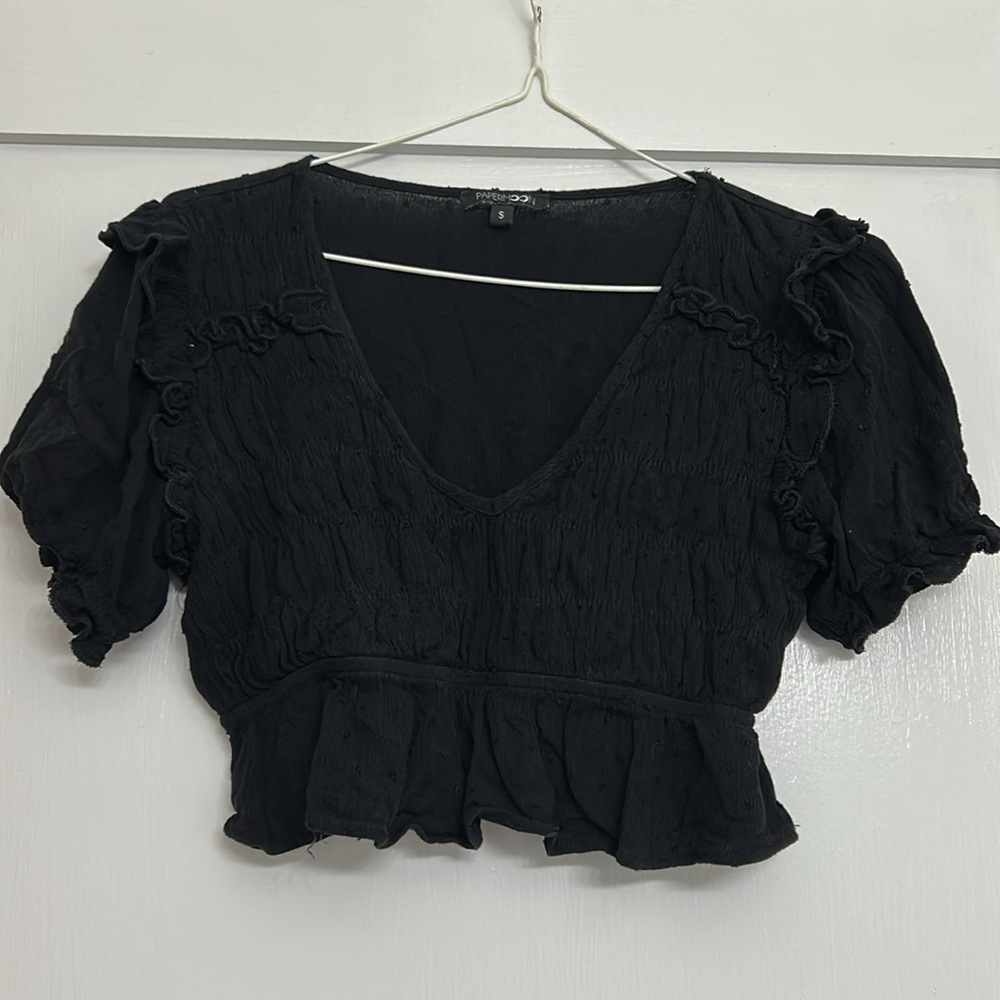 Paper Moon Black Ruffled Crop Top Off Shoulder Rayon Blouse Women's Size Small